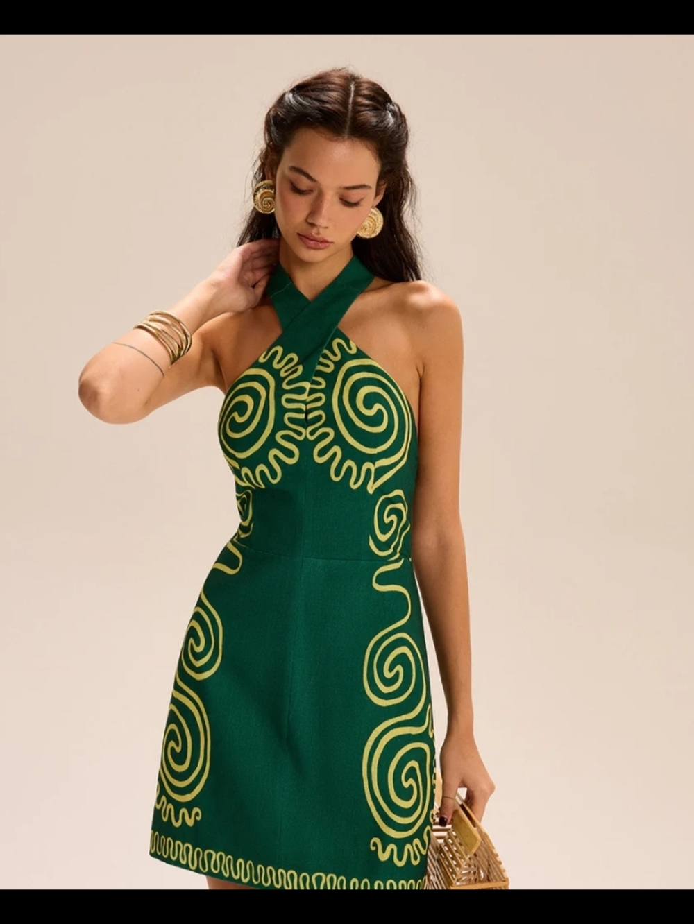 NWT Commense Green Halter Mini Dress with Yellow Swirl Detail